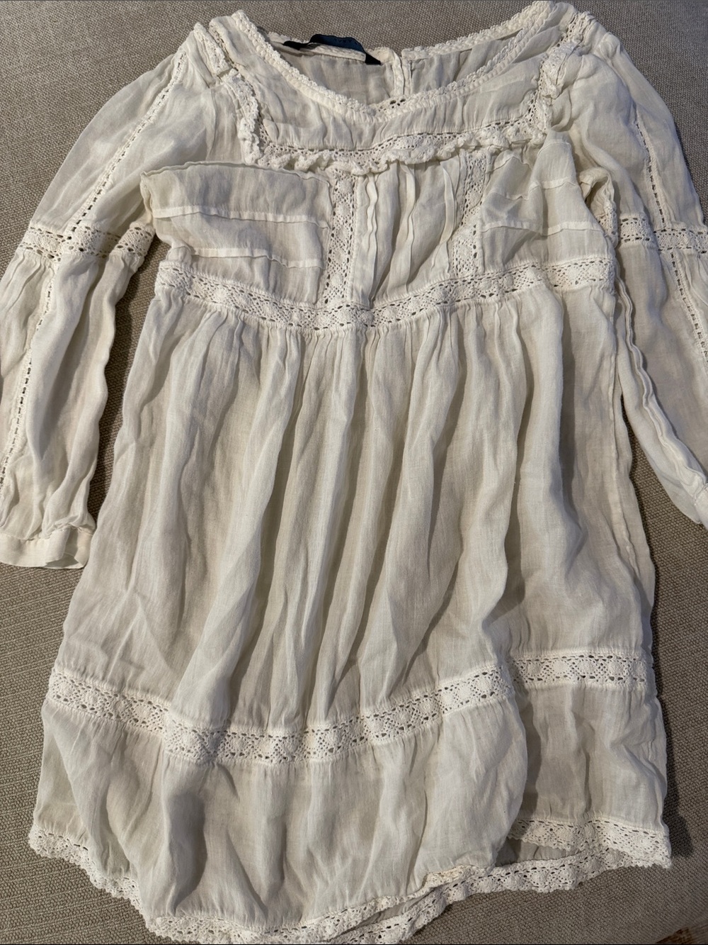 ZARA Embroidered Lace Cotton Mini Dress / Tunic Top White Size XS